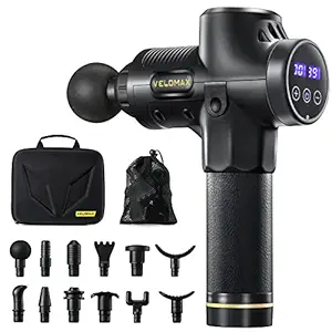 VELOMAX Brushless Professional Massage Gun Deep Tissue with 12 Massager Heads and Carrying Case, 12mm Amplitude 30 Speeds Massager Gun, Massager Machine for Pain Relief (Black)