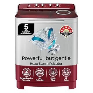 Samsung 7.5 Kg Inverter 5 Star Semi Automatic Top Load Washing Machine (WT75B3200RR/TL, Light Grey & Red Base, Air turbo drying, 5 Year Warranty on Wash Motor)