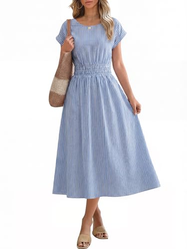 Anrabess Womens Summer Midi Dress Striped Casual Short Sleeve Crewneck Empire Waist 2026 Flowy Long Beach Dress With Pockets Blue White Stripe Medium