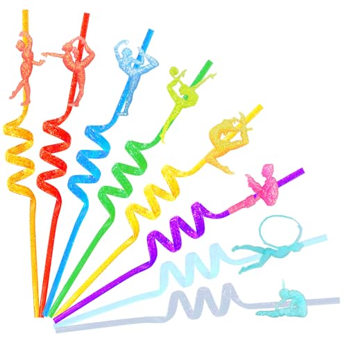24 Reusable Gymnastics Party Glitter Straws,Cartoon Dance Aerobics Decoration Glitter Straws For Gymnastics Disco Party Favors With 2 Brushes 8Color