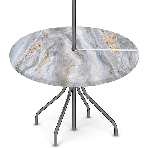 XMNYGJ Gray Marble Texture Round Fitted Tablecloth with Umbrella Hole Zipper for Patio Picnic Tables Elastic Outdoor Table Cover Waterproof and Stain Resistant 45-56 Inch