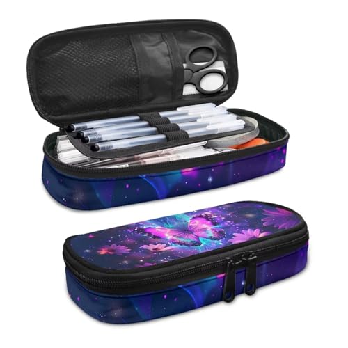 Image of Purple Butterfly Floral Print Pencil Case, Pen Cases Stationery Pouch Storage Bag Desk Organizer for Back to School Supplies