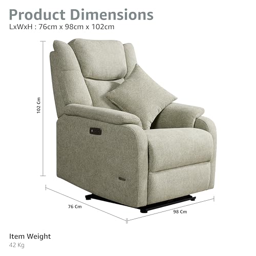 Image of DrapeLux 1 Seater Motorized Recliner Chair - Light Green Fabric, Padded & Comfortable, Extra Back Support, Eucalyptus Wood Frame, Semi Knockdown, 5-Year Warranty