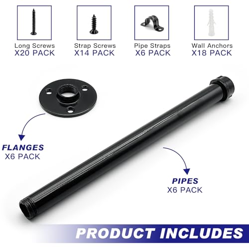 6 Pack Pipe Shelf Brackets 12 Inch, Industrial Iron Pipe Floating Shelves Bracket Heavy Duty Metal Shelving Brackets for DIY Shelves