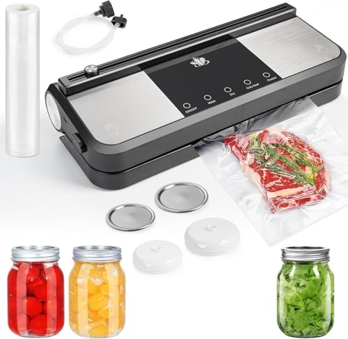 Etunia Cordless Vacuum Sealer, Rechargeable Vacuum Seal Machine for Dry/Moist Food Storage to Extend Fresh, 1 Air Hose for Food Containers, 2 Jar Sealers/Lids for Mason Jars (Black)