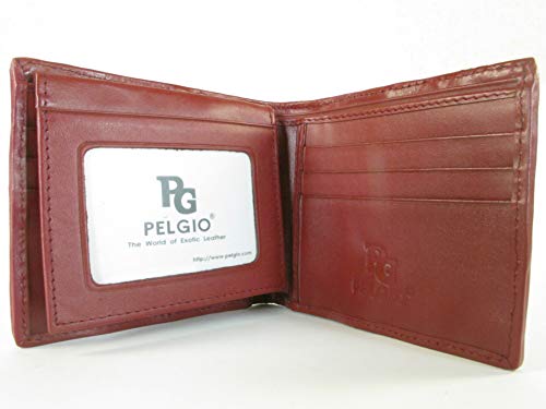 Image of Pelgio Genuine Crocodile Alligator Backbone Skin Leather Bifold Wallet ([B1] 6 Card Slots + 2 ID Windows + 2 Compartment for Bills, Wine Red)