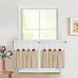 Kitchen Curtains for Small Window, Boho Farmhouse Short Tier Curtain, Rod Pocket Cafe Drapes Rustic Country Button Cotton Blend Treatment for Bathroom, White and Linen Color, 2 Panels, 26' Wx24 L