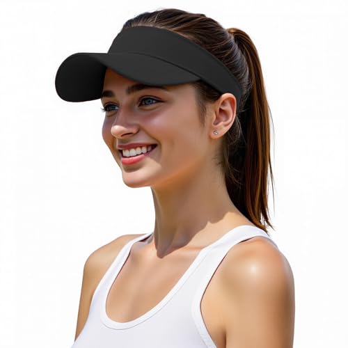 Structured Brim Quick-Dry Sun Visor Hat,Lightweight Sun Protection Sports Visor for Running Golf Tennis Women S Black