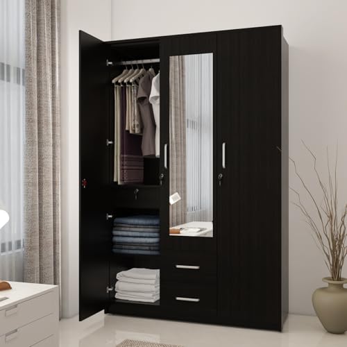 Image of Spacewood Apex 3 Door Wardrobe with Mirror | Natural Wenge Finish | Engineered Wood Almirah with 3 Drawers (1 Lockable) & 2 Hanging Spaces | Bedroom Cupboard Almari | 3-Year Warranty
