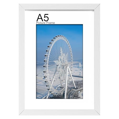 LVAOUO Picture Frames A5, Wooden A5 Photo Frame 14.8x21 cm, Versatile a5 Frame White, Display, Landscape or Portrait Orientation-PVC Material with Plexiglass and Stand, Wall-Mount & Desk-White
