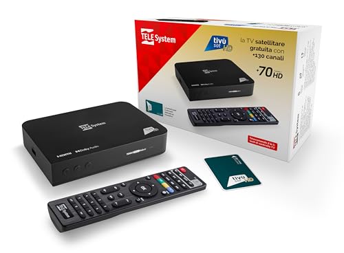 TELE System Decodificador satélite TS9019HEVC,tarjeta inteligente Tivùsat Classic incluida,certificado DAZN,más de 70 canales HD gratuitos,Serie A en DAZN1 y DAZN2,actualización automática de canales.