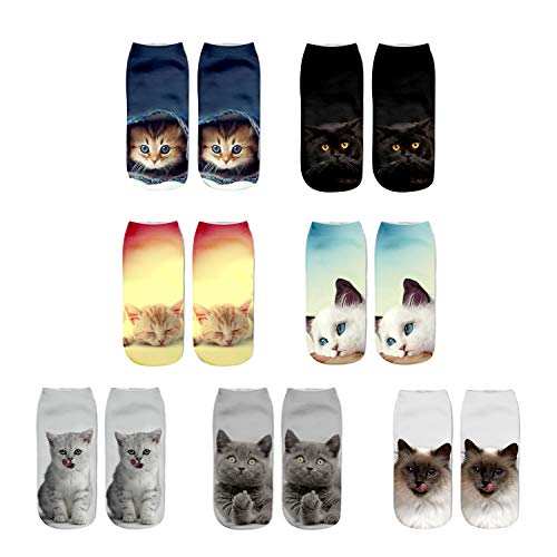 Inf-way 3D Print Casual Socks, Unisex Ankle Socks for Gifts Party (Cats 7 Pairs)
