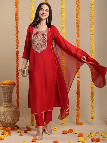 Image of GoSriKi Women's Rayon Blend Straight Embroidered Kurta with Pant & Dupatta