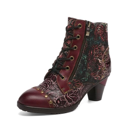 eimeinuosy SOCOFY - Stivaletti da donna in pelle con tacco a blocco, in pelle bohémien, VINO ROSSO, 11