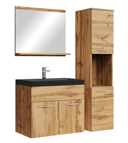 Conjunto de Muebles de baño Montreal 60 x 35 cm - Roble - Mueble de baño con Espejo y Mueble Auxiliar con Lavabo Negro