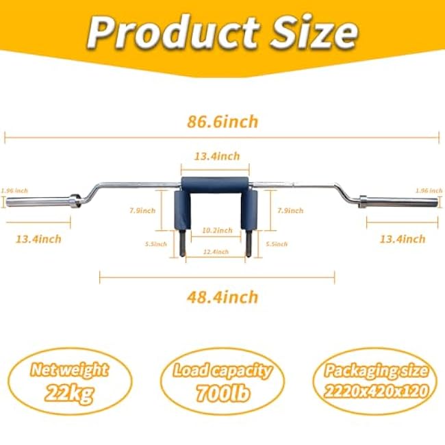 Safety Squat Bar,Safety Squat Bar With 2 Barbell Clips,2 inch Sleeve Barbell with Comfortable Neck Pad,Handle Removeable, ideal for Free Weights Strength Training