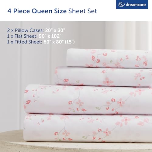 Image of DREAMCARE Queen Sheet Set - 4 pcs Breathable Cooling Sheets - up to 15 inch Deep Pocket Queen Sheets Set with Side Pockets - Extra Soft 100% Brushed Hypoallergenic Hotel Luxury Bedding - Floral Blue