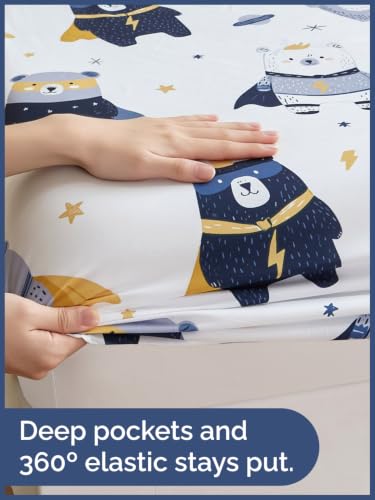 Image of Kids Twin Size Bear Bed Sheets - 3 Piece Kids Bear Sheet Set - Comic Hero Bedding - Ultra-Soft, Cute & Cozy - Breathable & Machine Washable - Wonderful Brave Bed Set for Boys, Girls, Teens & Toddlers