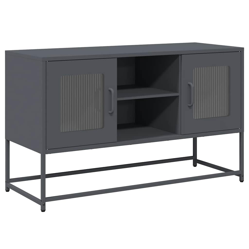 Mueble de TV con soporte de pared antivuelco: Mueble de TV industrial de acero laminado en frío y banco de TV estable con dos opciones de montaje en antracita