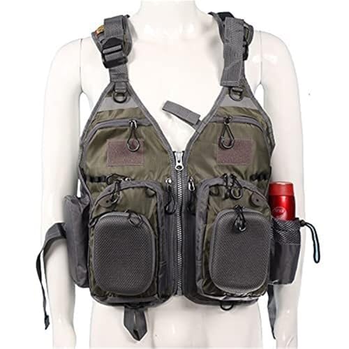 Chaleco Salvavidas de Pesca con Mosca con Cremallera y Cintura Ajustable for Navegar, Navegar, Kayak y Flotar(Green Gray,with Foam)