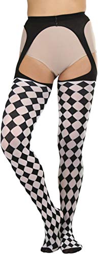 Image of ToBeInStyle Women's Harlequin Checkered Diamond Optical Illusion Opaque Tights Pantyhose - Black & White