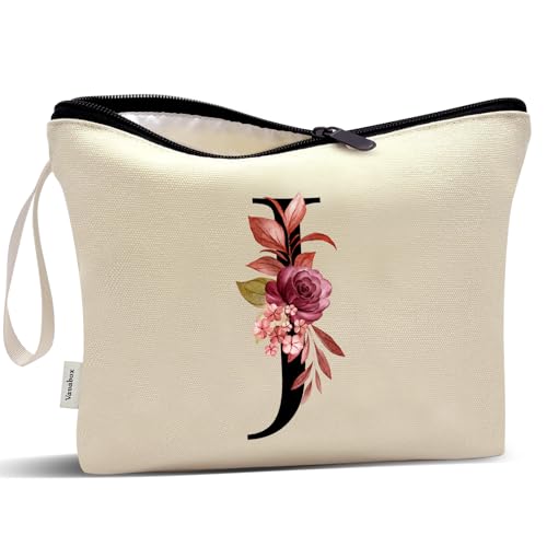 Image of Vavabox A-Z Personalized Makeup Bag, Birthday Gifts for Women Mom, Gifts for Best Friend, Bride Bridesmaid Cosmetic bag (J, Cream Yellow)