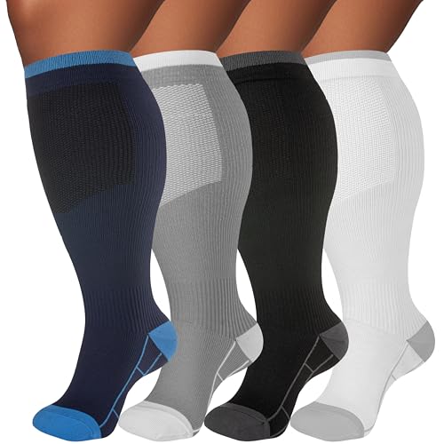 Image of Plus Size Compression Socks for Women & Men 4 Pairs, Wide Calf Extra Large 20-30 mmHg Knee High Support Socks for Travel, Running, Nurse