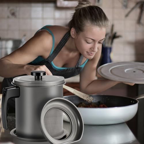Cambom Bacon Grease Container with Fine Mesh Strainer, 1.6L almost 7 Full Cups Iron Cooking Oil Can with Removable a Coaster Tray for Kitchen Fat Storage Grey by Cambom - Used condition - Image 4