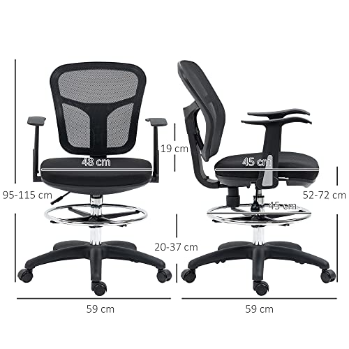 Vinsetto Krzesło biurowe, ergonomiczne krzesło kreślarskie, 95-115 cm, krzesło komputerowe z podłokietnikami, krzesło do biurka z podnóżkiem, krzesło obrotowe do biura, salonu, siatka, czarne