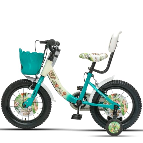 Image of WildHop 14T Kids Bicycle with Training Wheels, Backrest Seat, Basket & Safety Features for Toddlers (Cream Green, 14T)