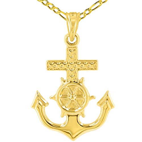 Jewelry America Polished 14K Yellow Gold Anchor Charm with Mariners Cross Nautical Pendant Figaro Necklace 20