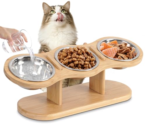 GHIAKQYT Futternapf Katze Erhöht, Futterstation Katzen 3er Set Näpfe Erhöht, Katzennapf Höhenverstellbar, Fressnapf Futterbar mit Ständer Edelstahl Näpfe für Wasser Futter, erhöhter Futternapf Katze