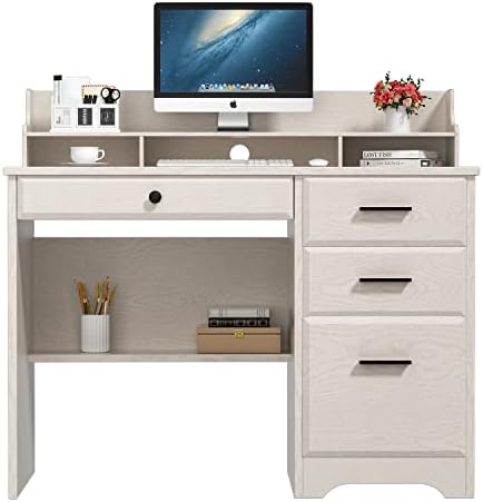 HOMBCK Computer Desk with Drawers and Hutch Home Office Desk Writing Table with Storage File Drawer, Farmhouse Wood Office Desk Computer Table Desk with Shelf for Bedroom Small Space, Off-White