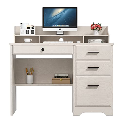 Hombck Computer Desk With Drawers And Hutch Home Office Desk Writing Table With Storage File Drawer, Farmhouse Wood Office Desk Computer Table Desk With Shelf For Bedroom Small Space, Off-White #TOP29