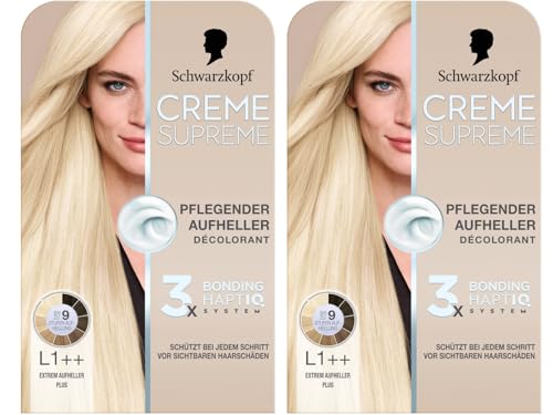 Schwarzkopf Creme Supreme L1++ Extremadamente abrillantador Plus (2 x 182 ml), aclarador nutritivo con sérum y mascarilla para el cabello, protege contra daños visibles del cabello, con efecto