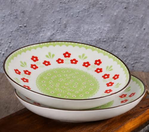 Image of Ceramic Pasta Plates, Green Floral Printed Deep Dinner Plates, Serving Plates, Microwave & Dishwasher Safe, Ceramic Plates for Pasta, Salad, Noodles & Biryani (Green & Red Floral Design, PACK OF 2)