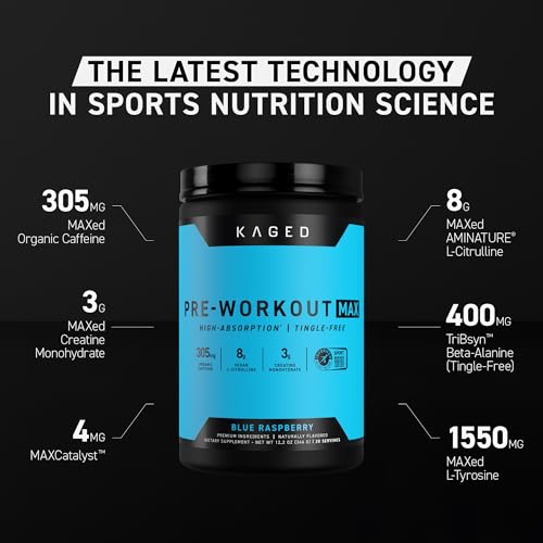 Image of Kaged Pre Workout MAX Powder | Blue Raspberry | Tingle Free, High Stim Pre-Workout | 305 mg Caffeine, Creatine, L-Citrulline | MAXCatalyst for Absorption | Supplements for Men & Women | 20 Servings