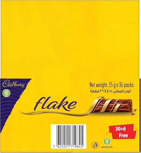 Image of Cadbury Flake Chocolate Bar, Crumbly and Flaky Milk Chocolate Quick Snacks, Each 15g, 30+6 Free Pack, 36 Bars (Product Of Egypt) Get Flavourito Kunafa Chocolate 20g Absolutely Free From DECADENT FOODS