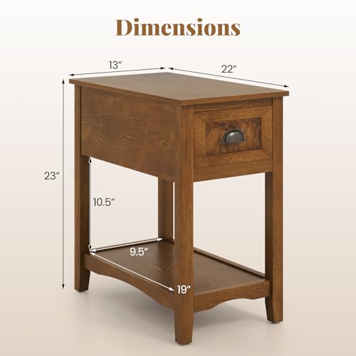 Giantex End Table with Drawer, Retro Narrow Side Table, Nightstand with Solid Wood & Storage Shelf, Bedside Table for Living Room Bedroom Small Space Home Office (2, Tawny)