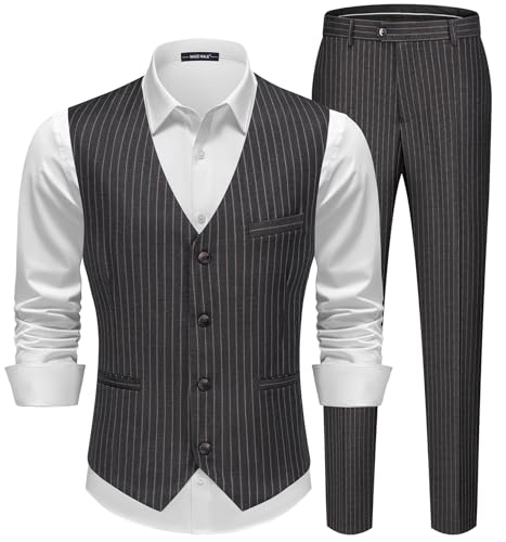MAGE MALE Men's Pinstripe Suit 2 Piece Vest and Pants Set Wedding Groomsmen Summer Slim Fit Formal Prom Tuxedo