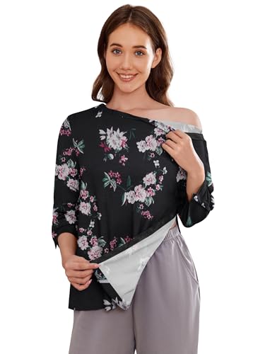 Deyeek Shirt for Shoulder Surgery Women Side Full Open Snap Post Surgery Clothing 3/4 Sleeve Adaptive Hospital Tear Away Tops M