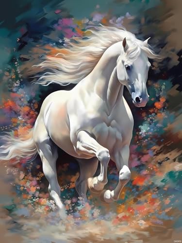 Peinture diamant 5D cheval blanc fleurs kit broderie strass complet 30x40 cm