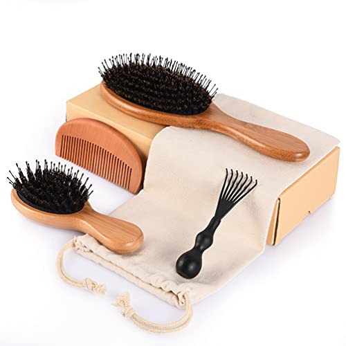 Hair Brush Kid Men Women: Wooden Soft Natural Boar Bristle Hairbrush - Bamboo Hair Brushes & Comb Set for Long Short Thick Thin Wavy Curly Hair - Adds Shine and Improves Hair Texture