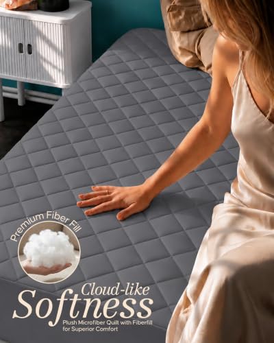 Image of Quilted Fitted Mattress Pad, Twin Mattress Protector Topper with Deep Pocket Stretches up to 16 Inches, Machine Washable Mattress Cover by Utopia Bedding (Grey)