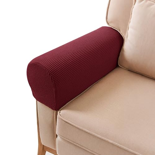 PBIEHSR Arm Rest Covers, Stretch Armchair Couch Armrest Chair Covers for Furniture Protector, Anti-Slip Sofa Chair Arm Caps Spandex Polyester Slipcovers, Set of 2 (Wine Red)