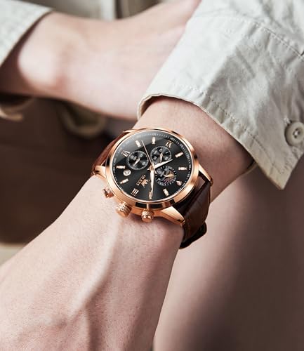 Image of OLEVS Watches for Men Original Analog Quartz Stylish Brown Leather Luxury Business Chronograph Waterproof Date Mens Wrist Watch