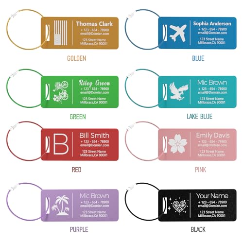 4 Personalized Metal Luggage Tags, Laser Engrave Name and Logo, Custom Aluminum Suitcase Tags with Steel Ring, for Travel, Backpack, Baggage (Red)4