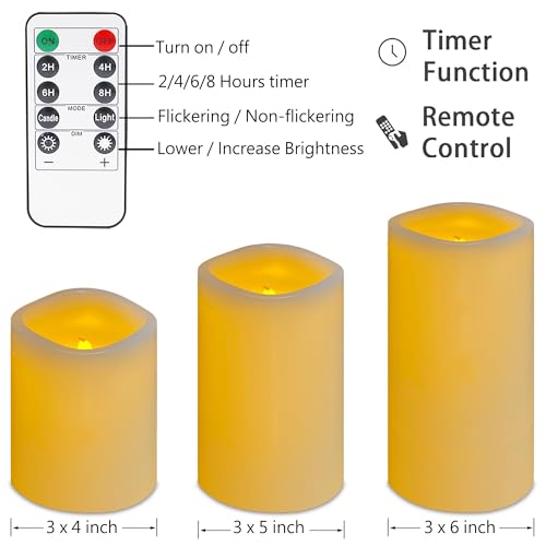 Image of VIEWELLD Flameless Candles with Remote, Battery Operated Candles, LED Pillar Candles with Timer 2 /4 /6 /8 Hours, Real Wax Pack of 3, Indoor Home Decor (Ivory)