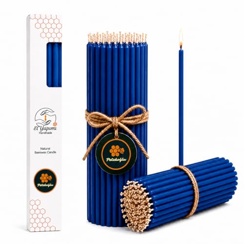 Petekoğlu Vela de cera de abeja azul profundo (Balmumu Mum), paquete de 15 velas rituales cónicas finas de 20 cm, vela de cera de abeja natural hecha a mano para meditación, oración, altar, decoración