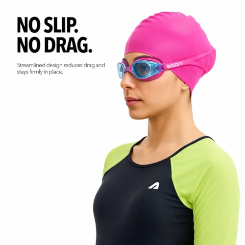 Image of Boldfit Swimming Cap & Goggles Set for Men & Women - Silicone Cap & Anti-Fog Goggles - Roseo Blue - Swimming Safety Set